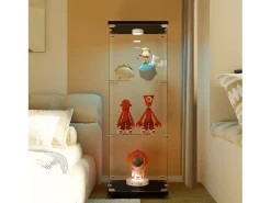 Vitrina GARHELPER de cristal – 3 estantes, 1 puerta, cristal templado, luz LED, blanco, 42x36x125 cm