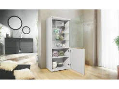 Vitrina Granada de Vladon, Armario Vitrina Made in Germany con Puerta de Cristal e Inserto de Cristal incl. LED, blanco mate/roble natural (50 x 122,5 x 34,5 cm)