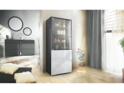 Vitrina Granada de Vladon, Armario Vitrina Made in Germany con Puerta de Cristal e Inserto de Cristal, antracita mate/blanco de alto brillo (50 x 122,5 x 34,5 cm)
