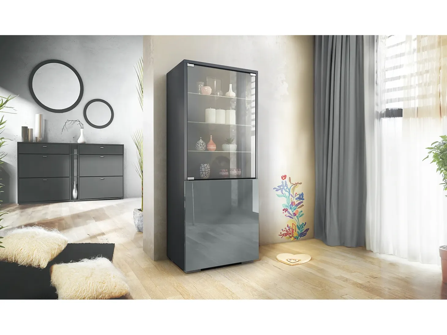Vitrina Granada de Vladon, Armario Vitrina Made in Germany con Puerta de Cristal e Inserto de Cristal, antracita mate/gris de alto brillo (50 x 122,5 x 34,5 cm)