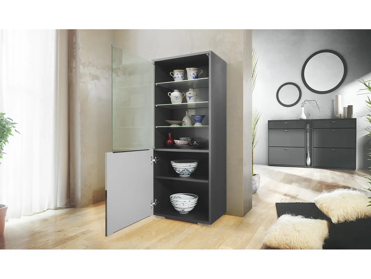 Vitrina Granada de Vladon, Armario Vitrina Made in Germany con Puerta de Cristal e Inserto de Cristal, antracita mate/gris de alto brillo (50 x 122,5 x 34,5 cm)