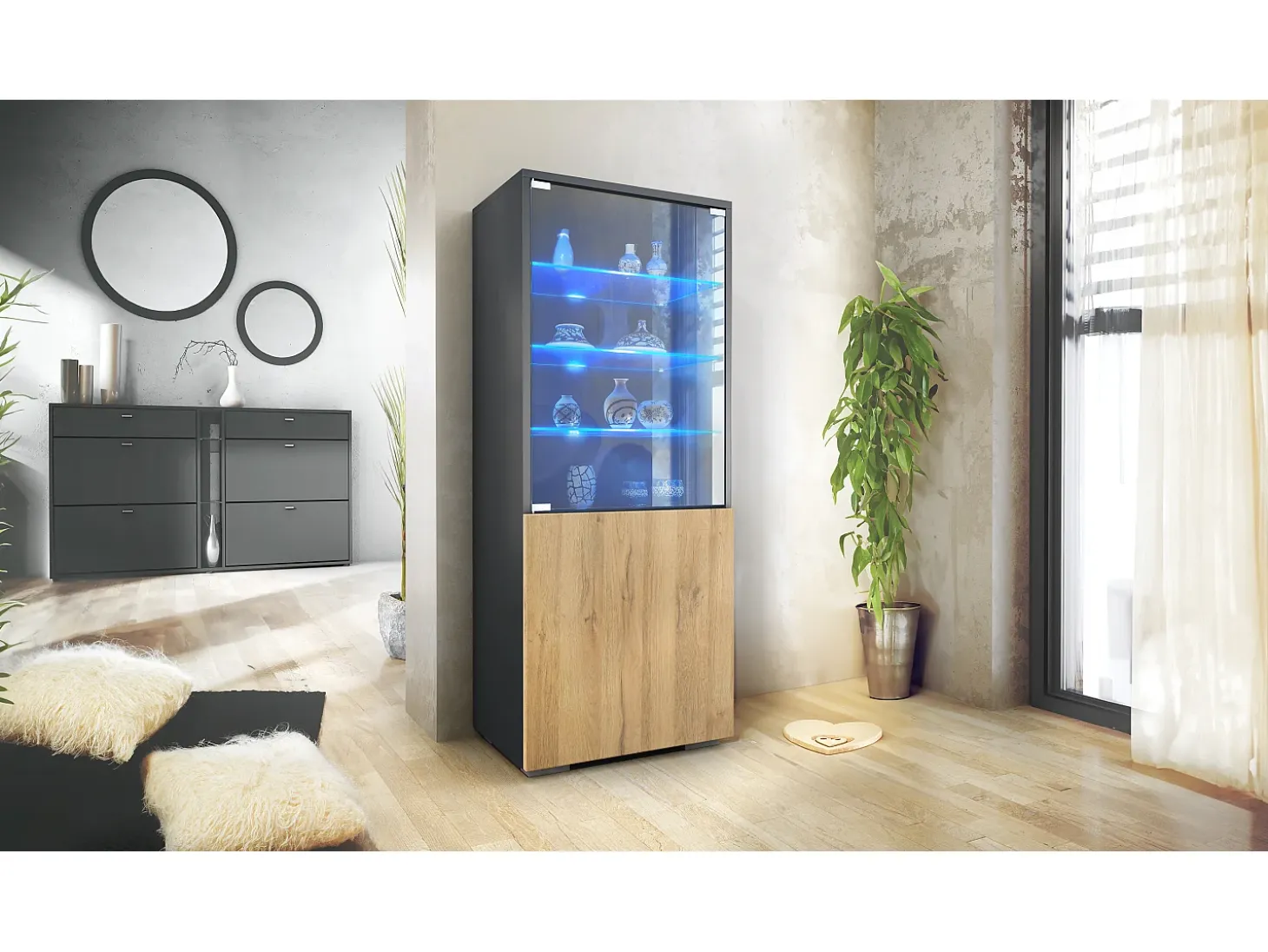 Vitrina Granada de Vladon, Armario Vitrina Made in Germany con Puerta de Cristal e Inserto de Cristal incl. LED, antracita mate/roble natural (50 x 122,5 x 34,5 cm)