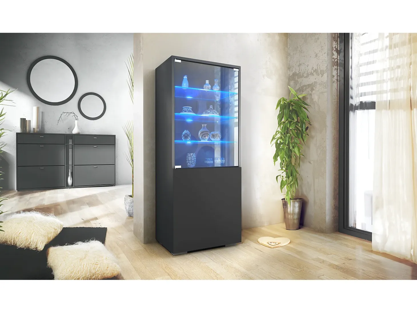 Vitrina Granada de Vladon, Armario Vitrina Made in Germany con Puerta de Cristal e Inserto de Cristal incl. LED, antracita mate/negro mate (50 x 122,5 x 34,5 cm)