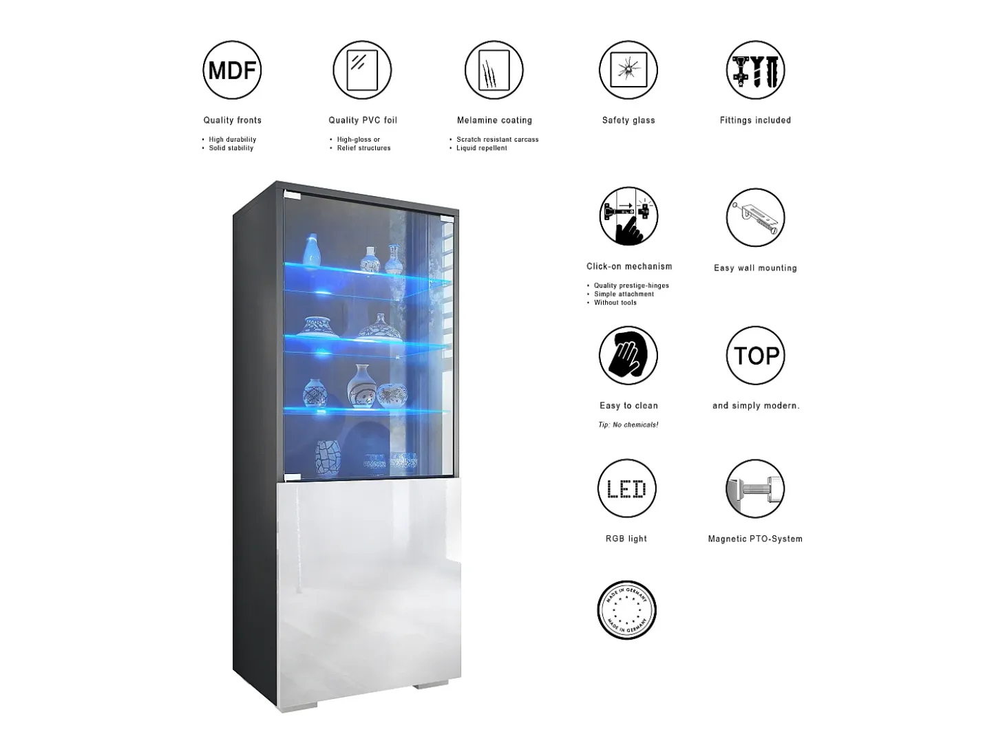 Vitrina Granada de Vladon, Armario Vitrina Made in Germany con Puerta de Cristal e Inserto de Cristal incl. LED, antracita mate/negro mate (50 x 122,5 x 34,5 cm)