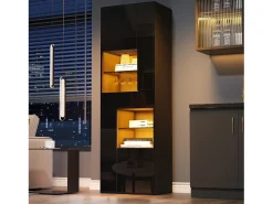 Vitrina LED con 1 cajón de almacenamiento, 4 puertas y estantes de cristal - negra