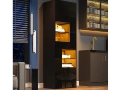 Vitrina LED con 1 cajón de almacenamiento, 4 puertas y estantes de cristal - negra