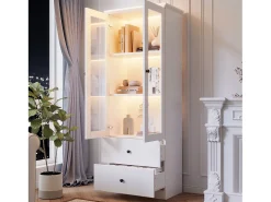 Vitrina LED moderna, 2 cajones, puertas de cristal, estantes regulables, diseño elegante, MDF, blanco (60x35,5x165 cm)