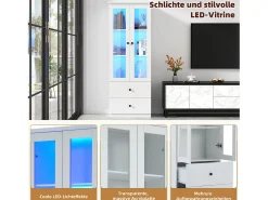 Vitrina LED moderna, 2 cajones, puertas de cristal, estantes regulables, diseño elegante, MDF, blanco (60x35,5x165 cm)
