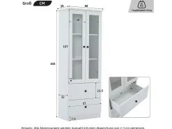 Vitrina LED moderna, 2 cajones, puertas de cristal, estantes regulables, diseño elegante, MDF, blanco (60x35,5x165 cm)
