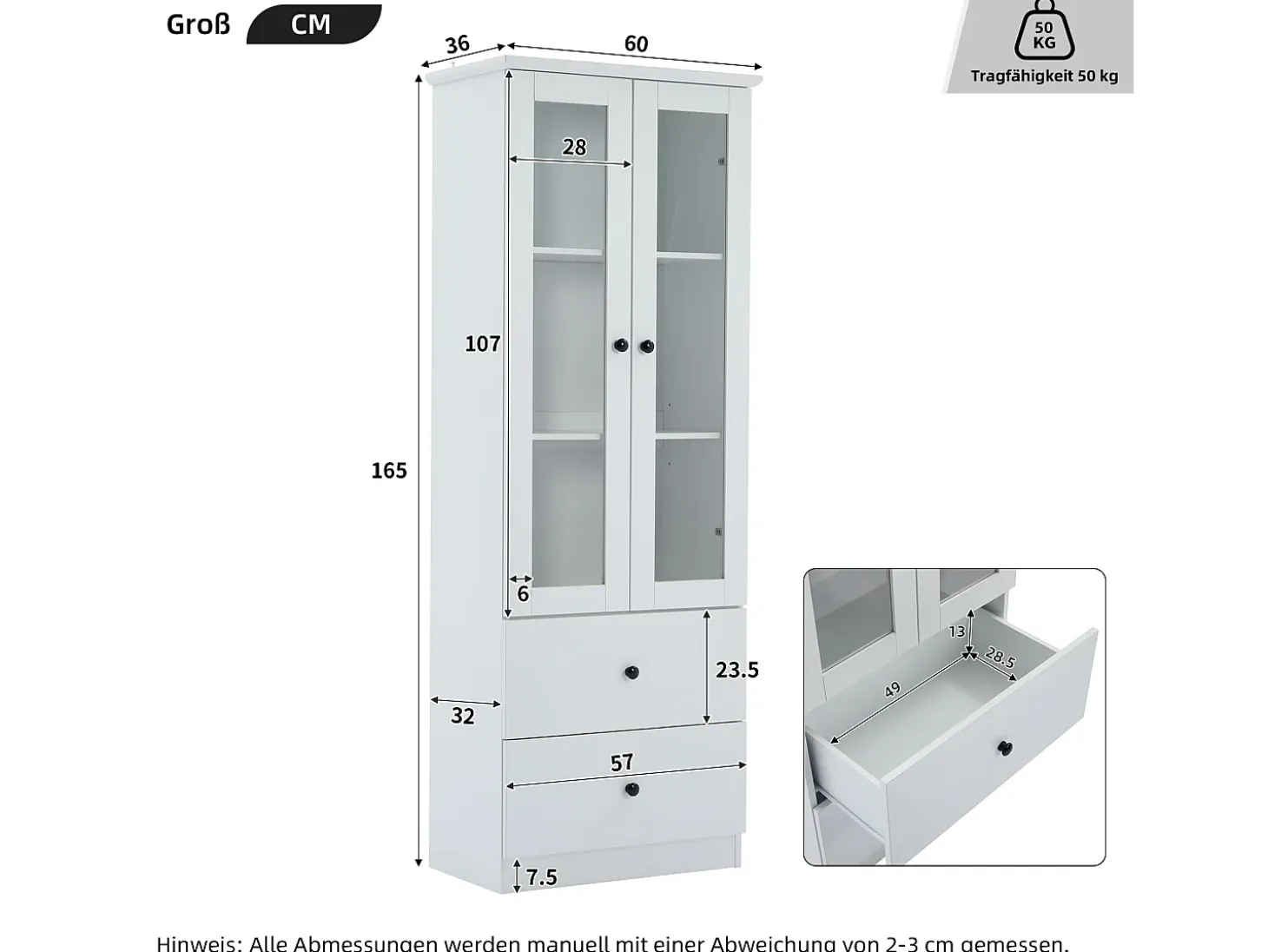 Vitrina LED moderna, 2 cajones, puertas de cristal, estantes regulables, diseño elegante, MDF, blanco (60x35,5x165 cm)