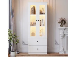 Vitrina LED moderna, 2 cajones, puertas de cristal, estantes regulables, diseño elegante, MDF, blanco (60x35,5x165 cm)