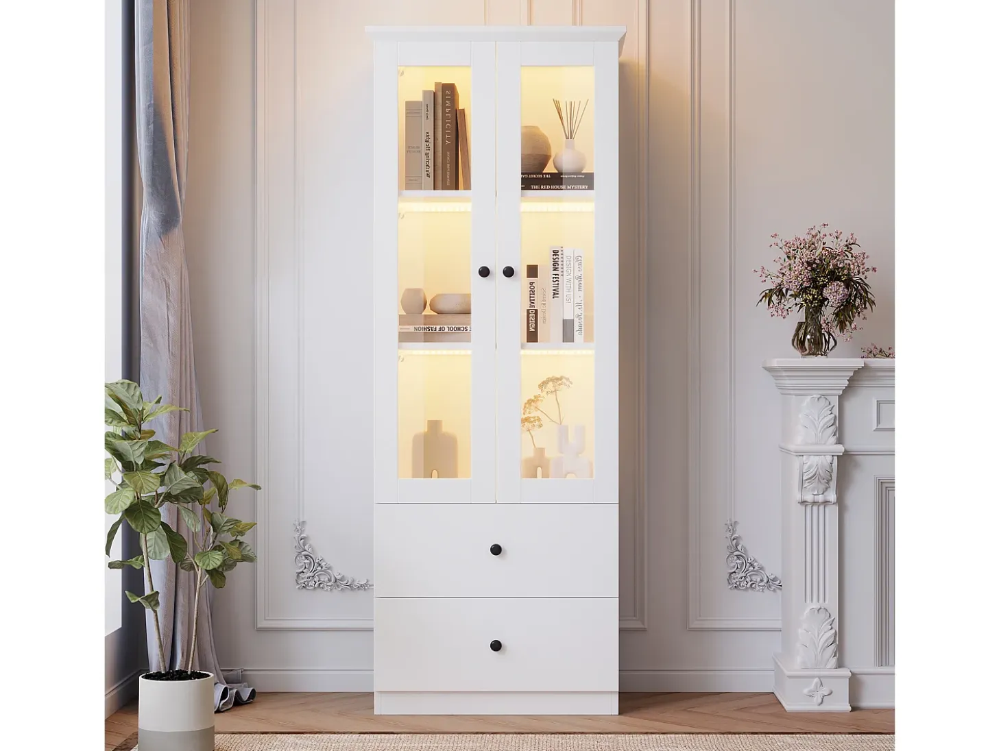 Vitrina LED moderna, 2 cajones, puertas de cristal, estantes regulables, diseño elegante, MDF, blanco (60x35,5x165 cm)