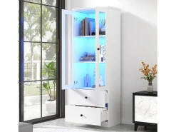 Vitrina LED moderna, 2 cajones, puertas de cristal, estantes regulables, diseño elegante, MDF, blanco (60x35,5x165 cm)