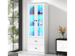 Vitrina LED moderna, 2 cajones, puertas de cristal, estantes regulables, diseño elegante, MDF, blanco (60x35,5x165 cm)