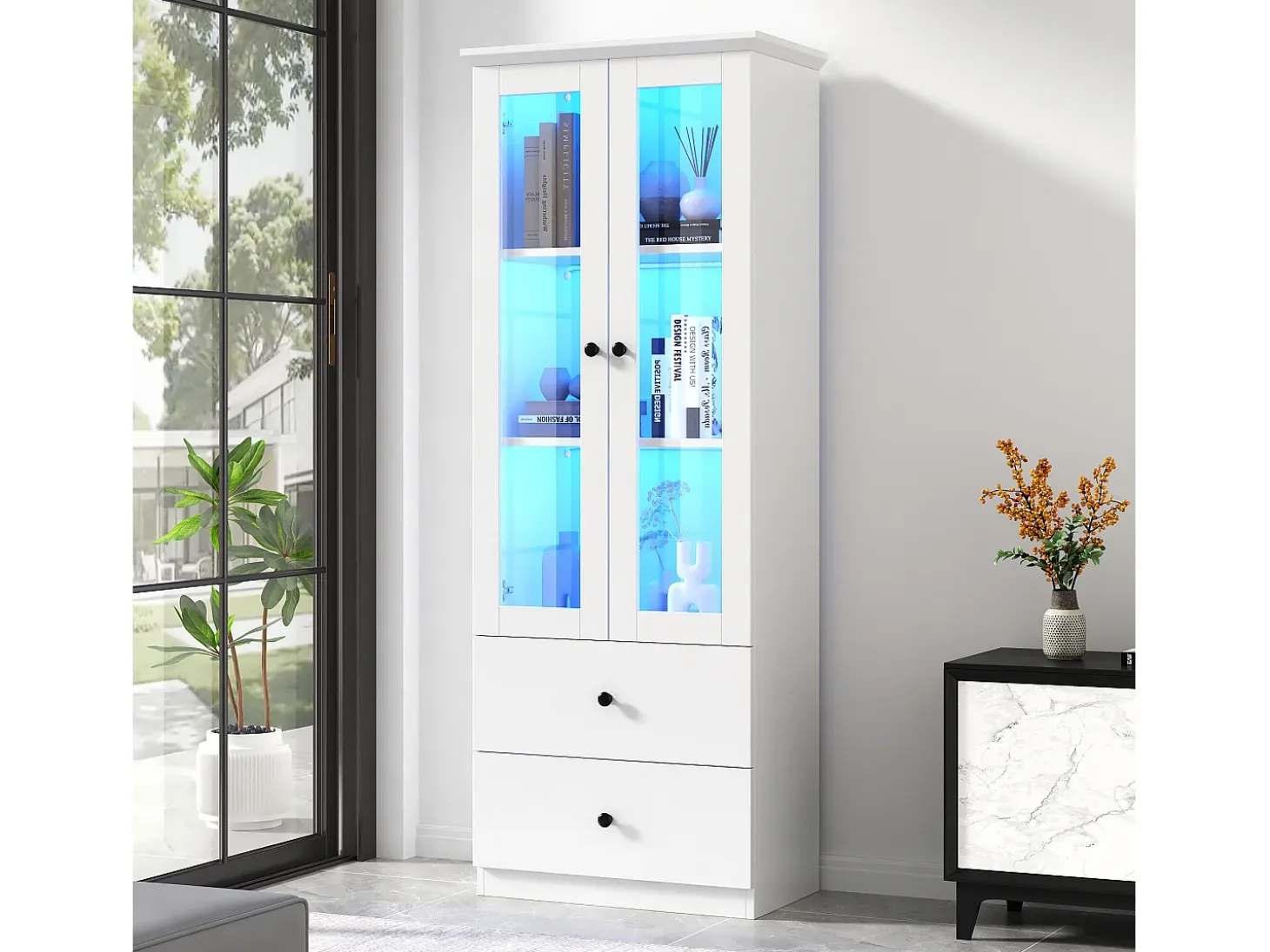 Vitrina LED moderna, 2 cajones, puertas de cristal, estantes regulables, diseño elegante, MDF, blanco (60x35,5x165 cm)