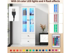 Vitrina LED moderna, 2 cajones, puertas de cristal, estantes regulables, diseño elegante, MDF, blanco (60x35,5x165 cm)
