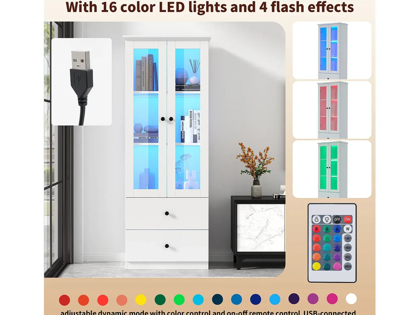 Vitrina LED moderna, 2 cajones, puertas de cristal, estantes regulables, diseño elegante, MDF, blanco (60x35,5x165 cm)