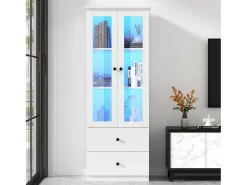 Vitrina LED moderna, 2 cajones, puertas de cristal, estantes regulables, diseño elegante, MDF, blanco (60x35,5x165 cm)