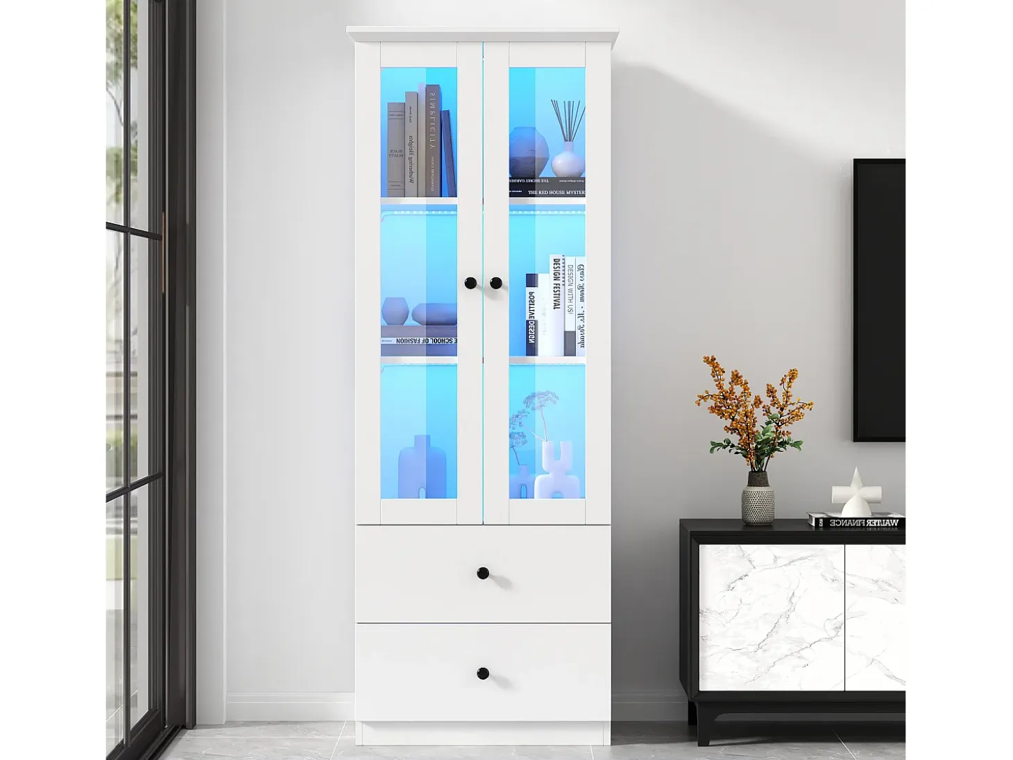 Vitrina LED moderna, 2 cajones, puertas de cristal, estantes regulables, diseño elegante, MDF, blanco (60x35,5x165 cm)