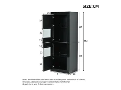 Vitrina LED negra con estantes de cristal y 2 puertas, 61x42x162 cm