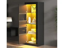 Vitrina LED negra con estantes de cristal y 2 puertas, 61x42x162 cm