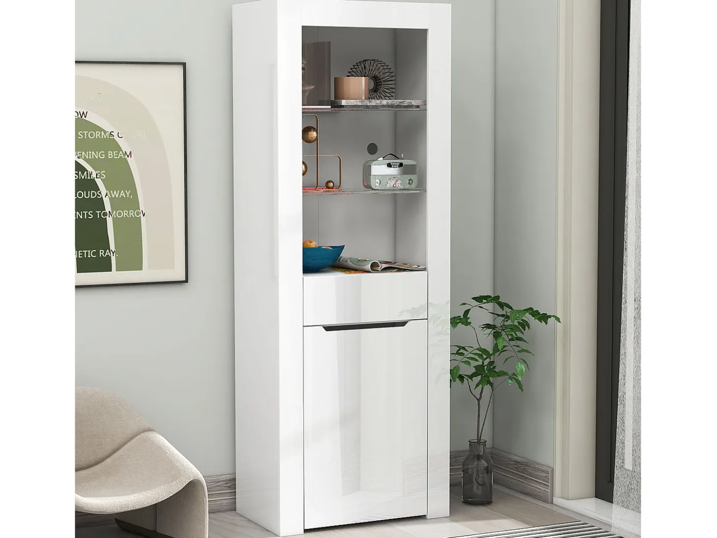 Vitrina moderna con 1 puerta y 1 cajón - LED - 3 estantes - altura 165 cm - blanco brillo