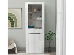 Vitrina moderna con 1 puerta y 1 cajón - LED - 3 estantes - altura 165 cm - blanco brillo
