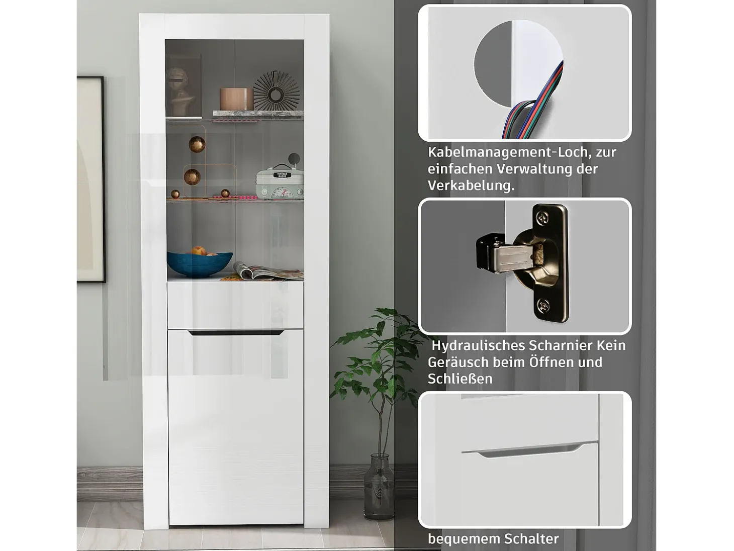 Vitrina moderna con 1 puerta y 1 cajón - LED - 3 estantes - altura 165 cm - blanco brillo