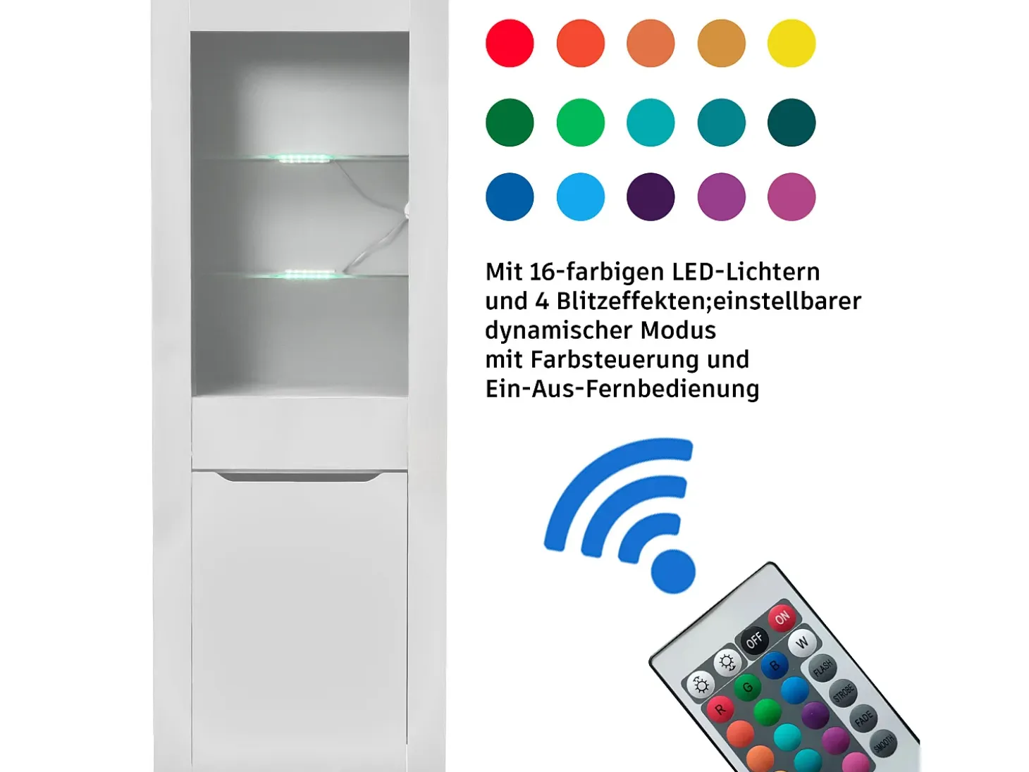 Vitrina moderna con 1 puerta y 1 cajón - LED - 3 estantes - altura 165 cm - blanco brillo