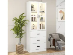 Vitrina moderna con LED, 3 estantes regulables, puertas de cristal, diseño elegante, MDF, blanco (77,5x40x150 cm)
