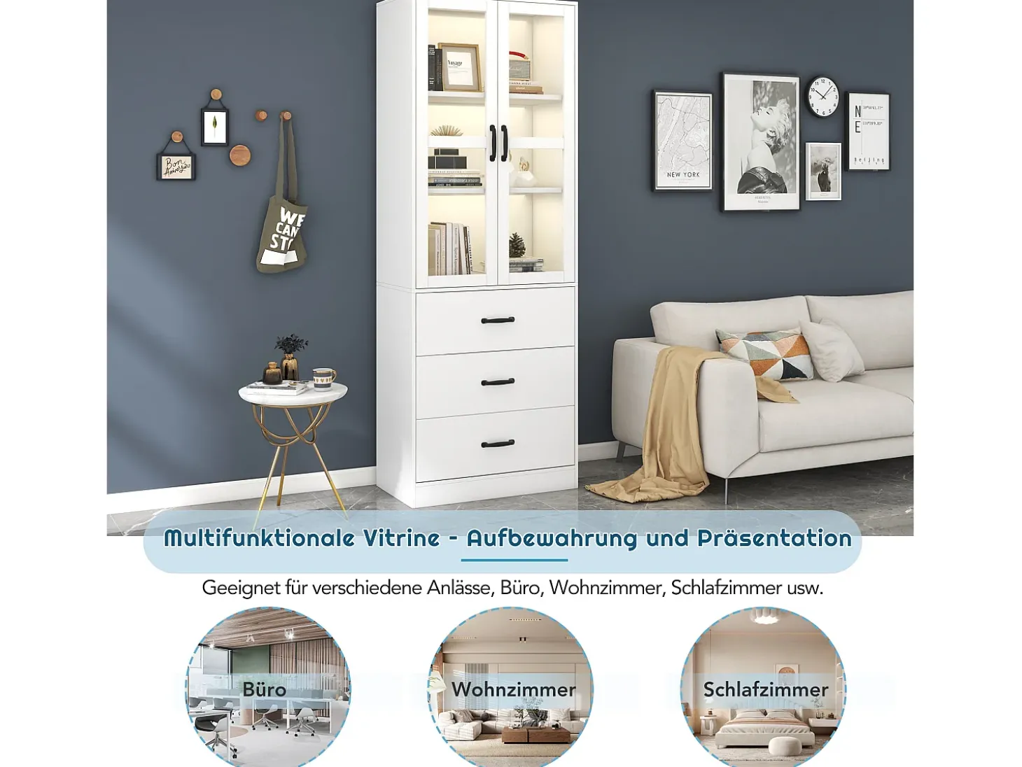 Vitrina moderna con LED, 3 estantes regulables, puertas de cristal, diseño elegante, MDF, blanco (77,5x40x150 cm)
