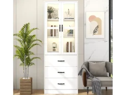 Vitrina moderna con LED, 3 estantes regulables, puertas de cristal, diseño elegante, MDF, blanco (77,5x40x150 cm)