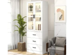 Vitrina moderna con LED, 3 estantes regulables, puertas de cristal, diseño elegante, MDF, blanco (77,5x40x150 cm)