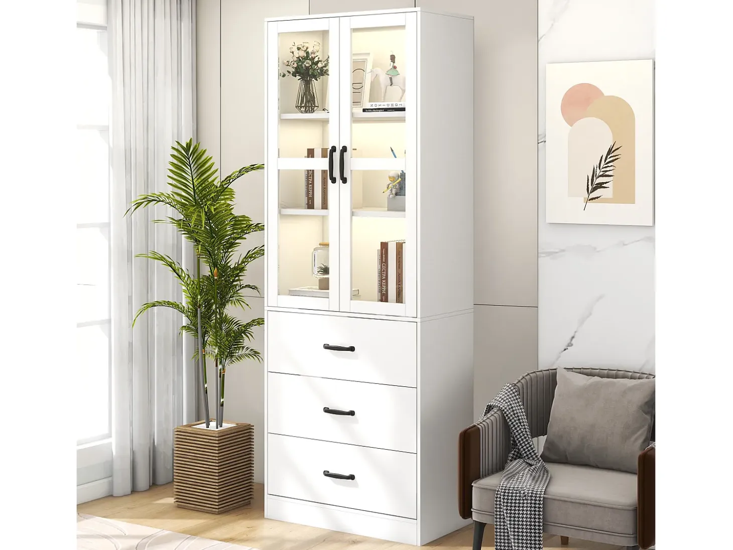 Vitrina moderna con LED, 3 estantes regulables, puertas de cristal, diseño elegante, MDF, blanco (77,5x40x150 cm)
