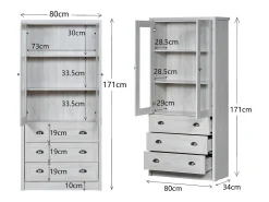 Vitrina moderna 80x34x171 cm - Exterior de madera, puertas de cristal, 3 cajones y tiradores de latón