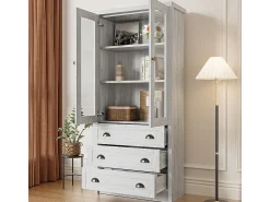 Vitrina moderna 80x34x171 cm - Exterior de madera, puertas de cristal, 3 cajones y tiradores de latón