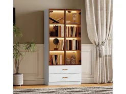 Vitrina, mueble de baño con LED - 2 cajones y 2 puertas acristaladas - Blanco
