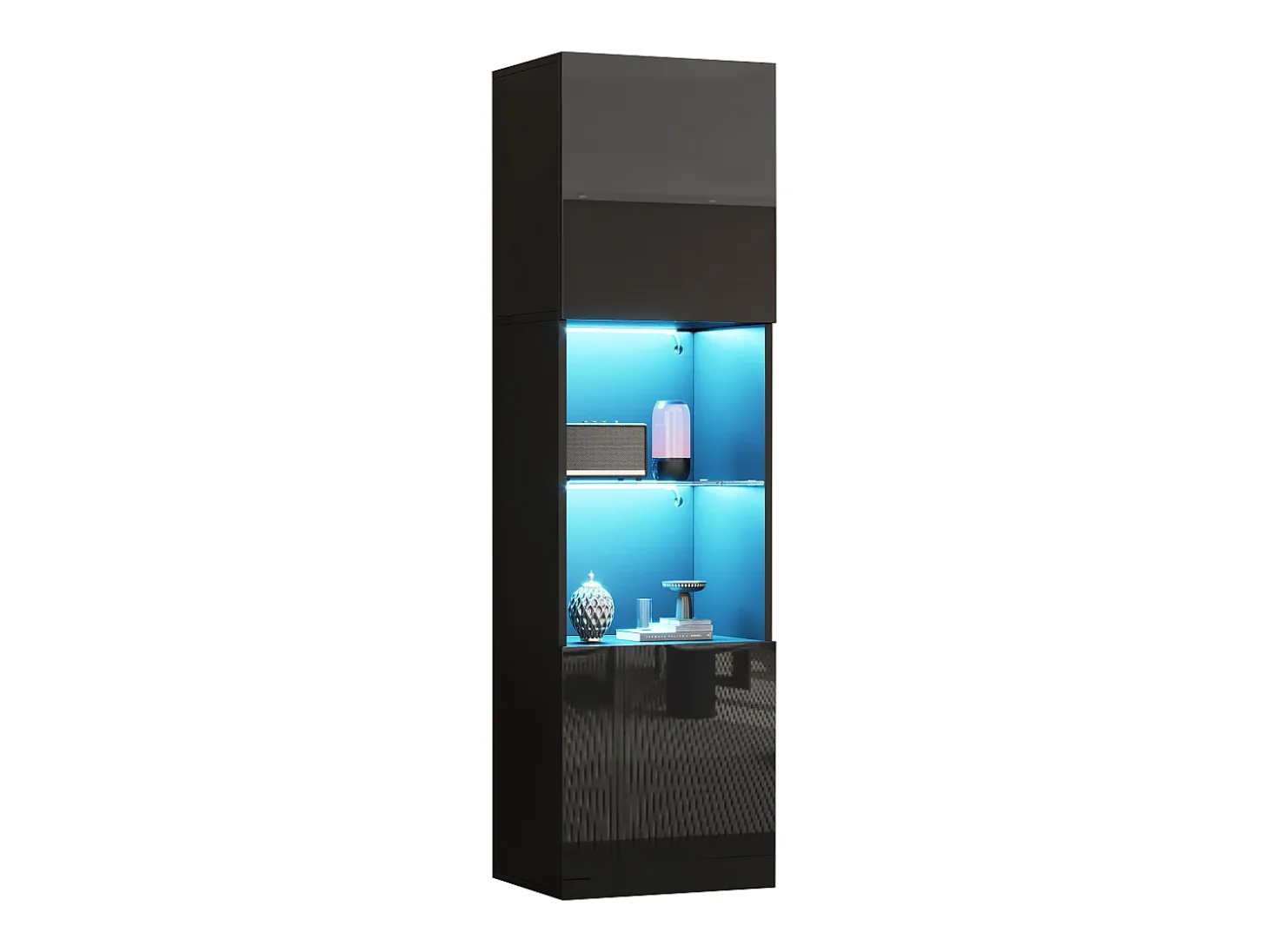 Vitrina negra - Vitrina con 2 puertas y luces LED - almacenaje abierto - para salón y dormitorio
