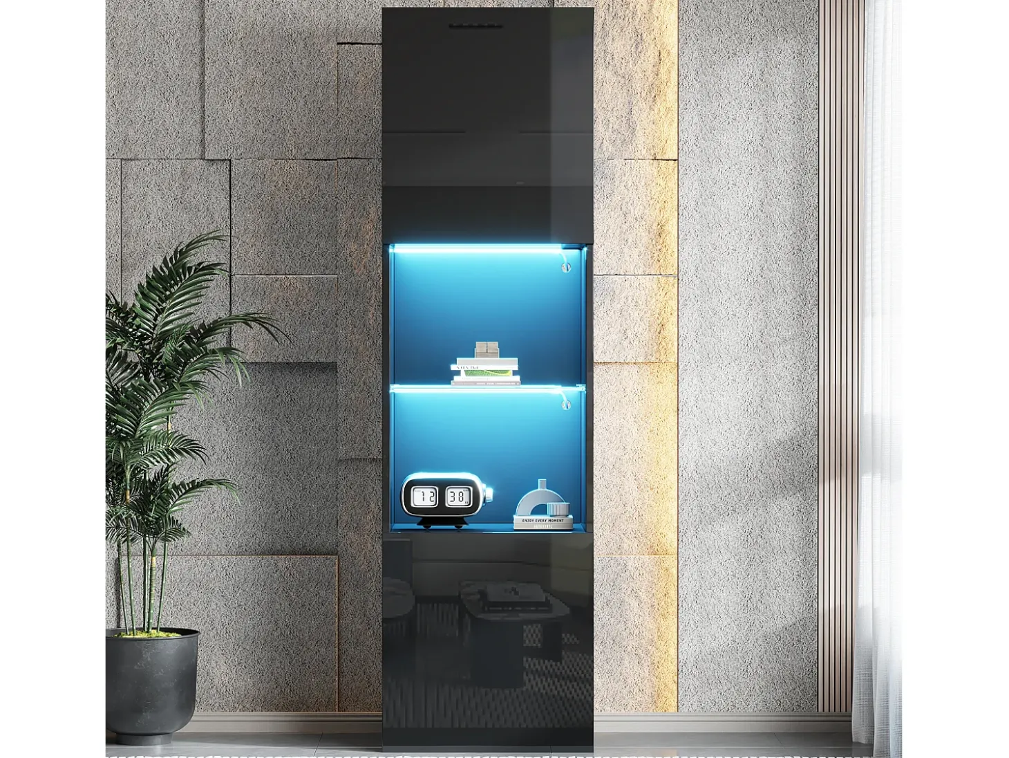 Vitrina negra - Vitrina con 2 puertas y luces LED - almacenaje abierto - para salón y dormitorio