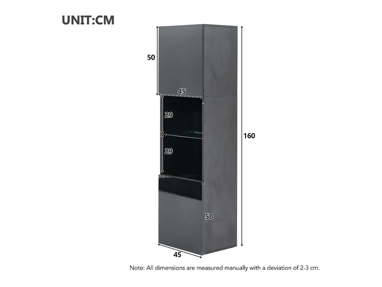 Vitrina negra - Vitrina con 2 puertas y luces LED - almacenaje abierto - para salón y dormitorio