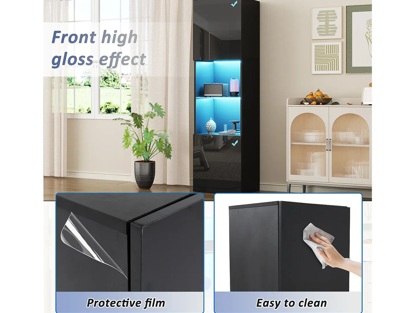 Vitrina negra brillante con iluminación LED - Mueble alto de salón - Mueble de almacenaje - 45x35x160 cm