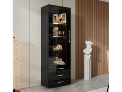 Vitrina negra con iluminación LED, 60x35x180 cm, 3 cajones, estilo moderno, para salón y oficina