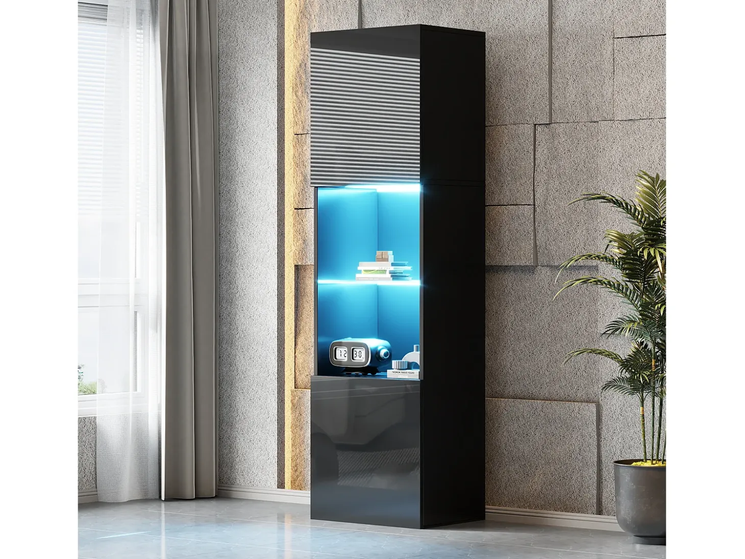 Vitrina negra con iluminación LED, 45x35x160 cm, 1 estante y 2 puertas, para salón y despacho
