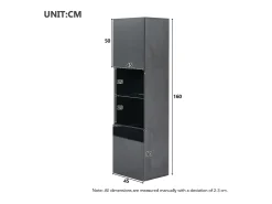 Vitrina negra con iluminación LED, 45x35x160 cm, 1 estante y 2 puertas, para salón y despacho