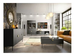 Vitrina negra con puertas de vidrio y tiradores dorados - Colección MONDO