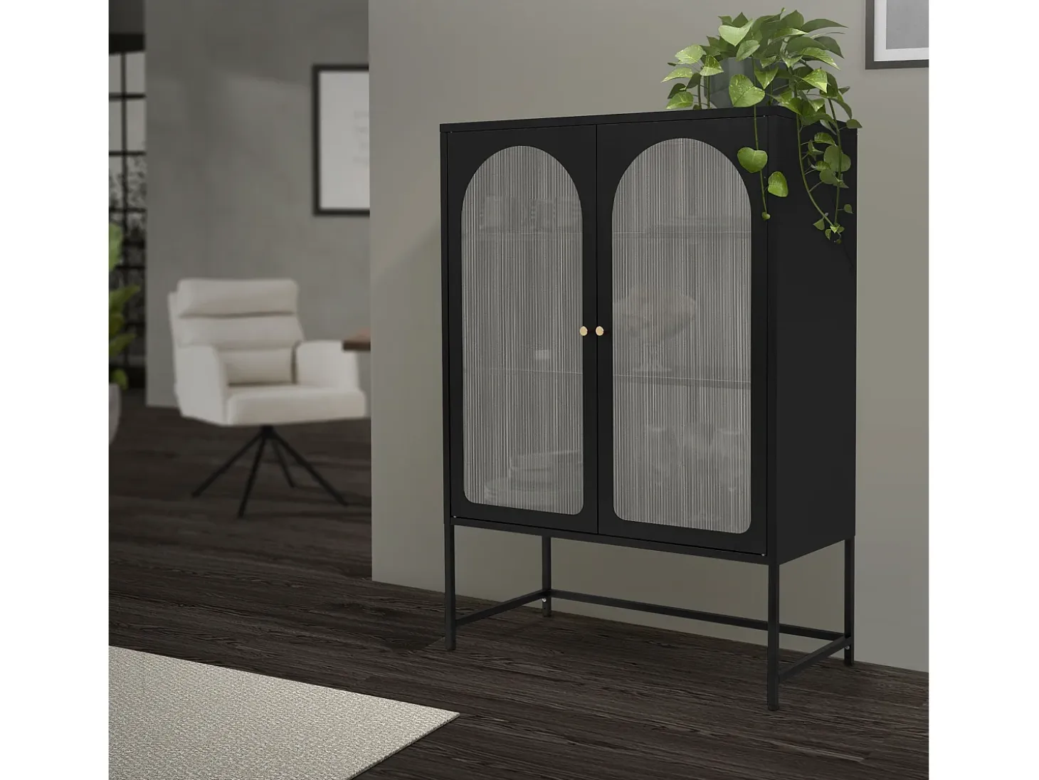 Vitrina negra 85x120x40cm con 2 puertas y 3 cajones, mueble metálico archivador