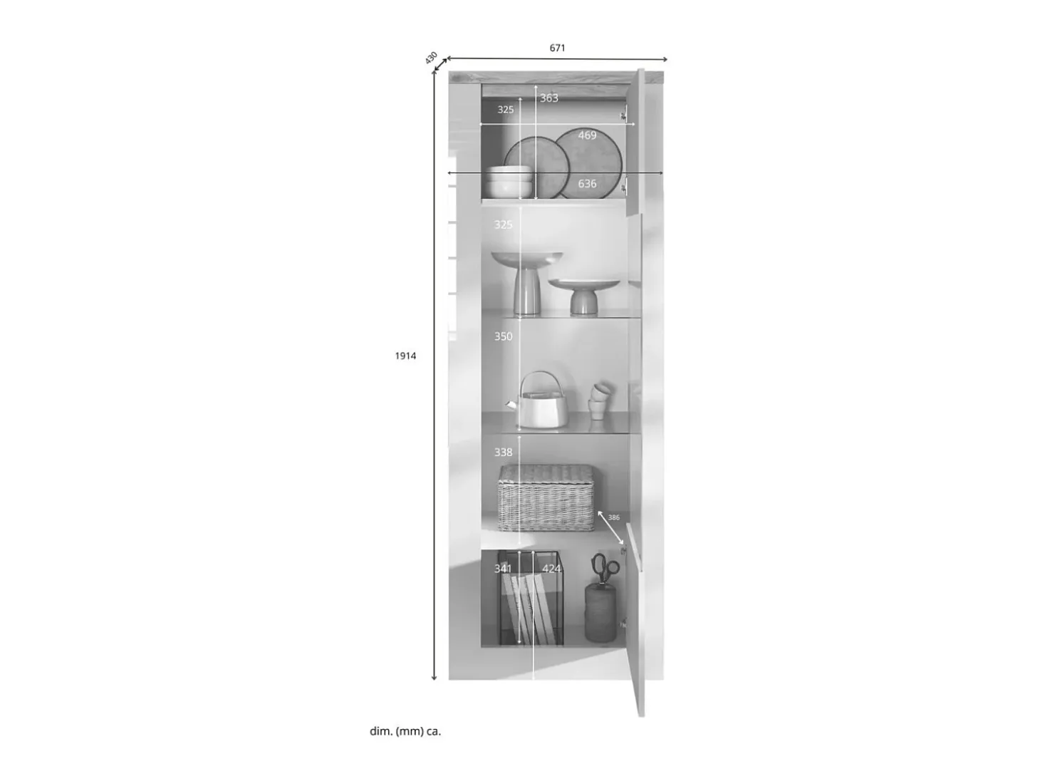 Vitrina SASHA – 1 puerta y LED integrado – Blanco lacado y Roble Cadiz