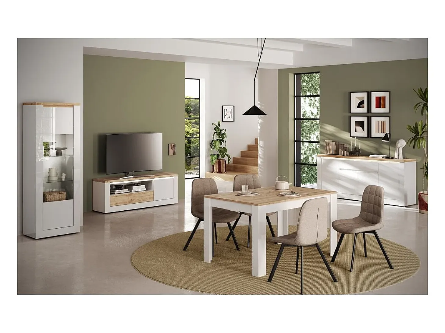 Vitrina SASHA – 1 puerta y LED integrado – Blanco lacado y Roble Cadiz