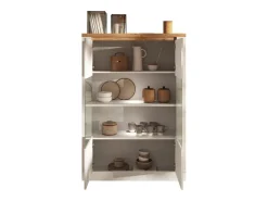 Vitrina SASHA – 2 puertas acristaladas +3 estantes con LED integrado – Blanco lacado y Roble Cadiz