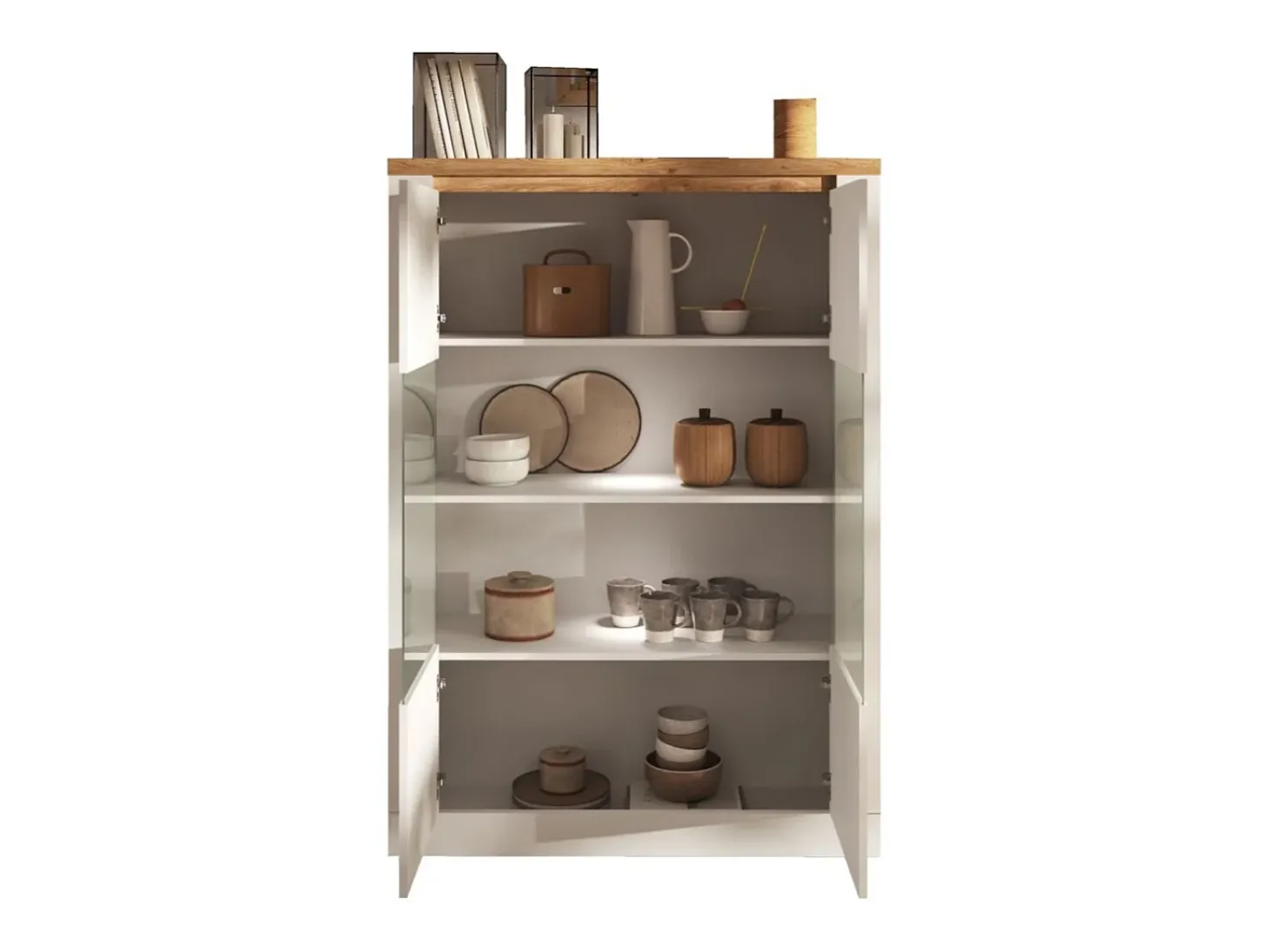Vitrina SASHA – 2 puertas acristaladas +3 estantes con LED integrado – Blanco lacado y Roble Cadiz